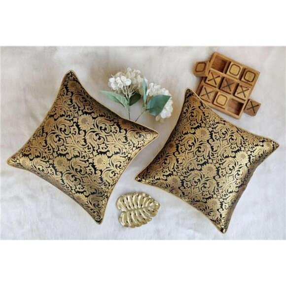 Black Gold Floral Brocade Pillow Covers 18x18 Set of 2 Decorative Cushion Covers - Picture 2 of 5